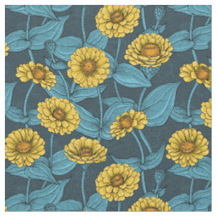 Tissu Zinnias jaune sur bleu foncé