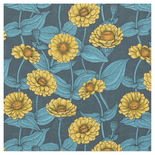 Tissu Zinnias jaune sur bleu foncé (Fermer)