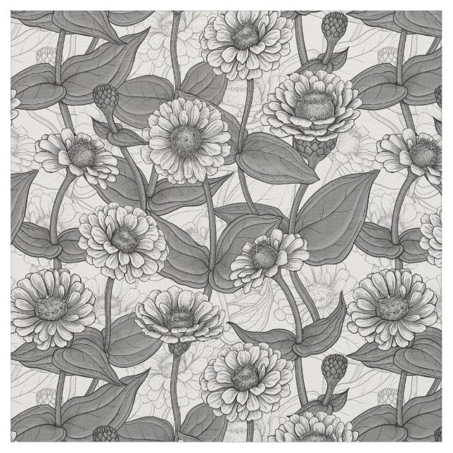Tissu Zinnias, monochrome sur blanc (Fermer)
