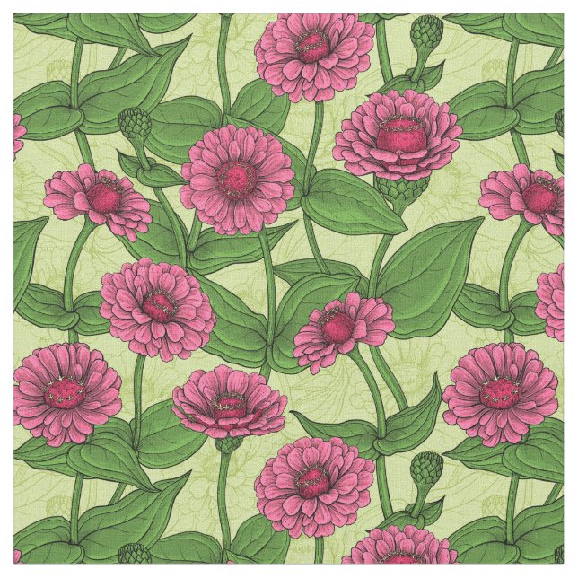 Tissu Zinnias rose sur vert clair (Fermer)