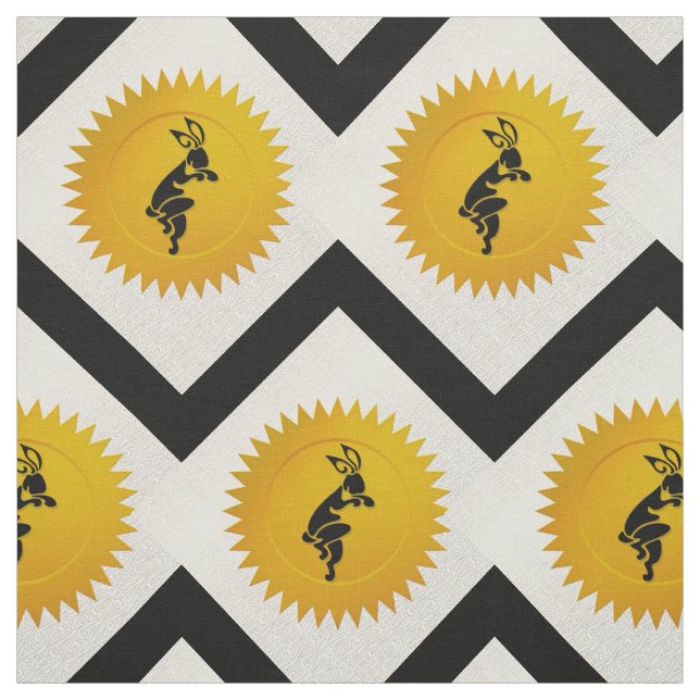 Tissu Zodiac chinois de lapin | Blanc, Or et Noir (Échantillon)