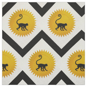 Tissu Zodiaque chinois singe   Blanc, Or et Noir