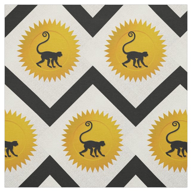 Tissu Zodiaque chinois singe | Blanc, Or et Noir (Échantillon)
