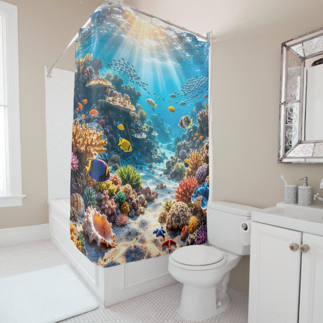 Titre rideau de douche tropical corail sous la mer (En situation)