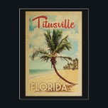 Titusville Carte Postale Palm Tree Vintage voyage<br><div class="desc">Une impression d'art moderne Titusville Florida,  d'époque rétro,  dans un style d'affiche de voyage. Il dispose d'un palmier incurvé sur une plage de sable avec l'océan sous un ciel bleu nuageux.</div>