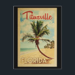 Titusville Carte Postale Palm Tree Vintage voyage<br><div class="desc">Une impression d'art moderne Titusville Florida,  d'époque rétro,  dans un style d'affiche de voyage. Il dispose d'un palmier incurvé sur une plage de sable avec l'océan sous un ciel bleu nuageux.</div>