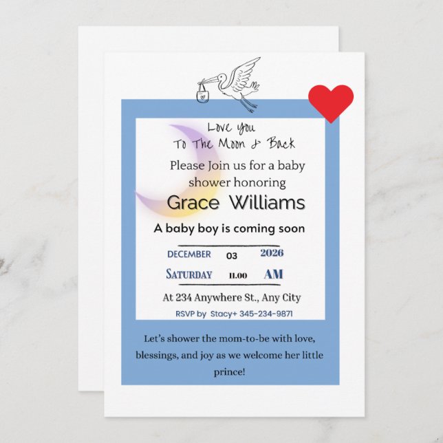 To the Moon and Back Baby Boy Shower Invitation |  (Devant / Derrière)