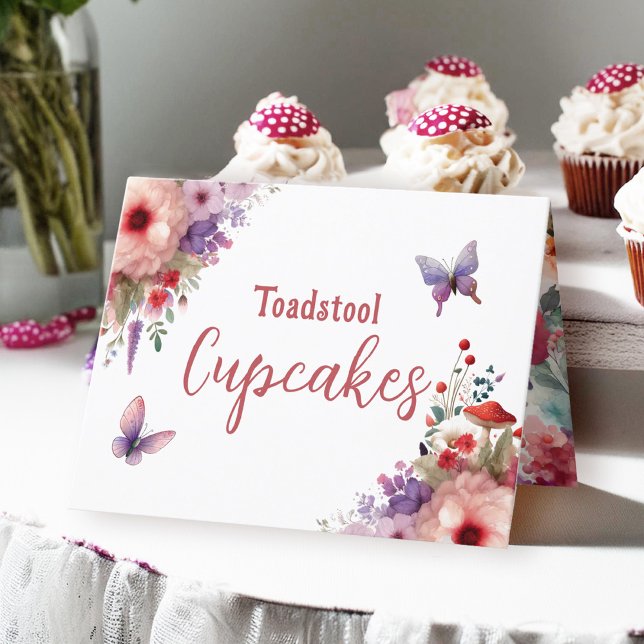 Toadstool Cupcakes Anniversaire Buffet Carte Étiqu (Toadstool Cupcakes Fairycore Birthday Party Food Buffet Card)