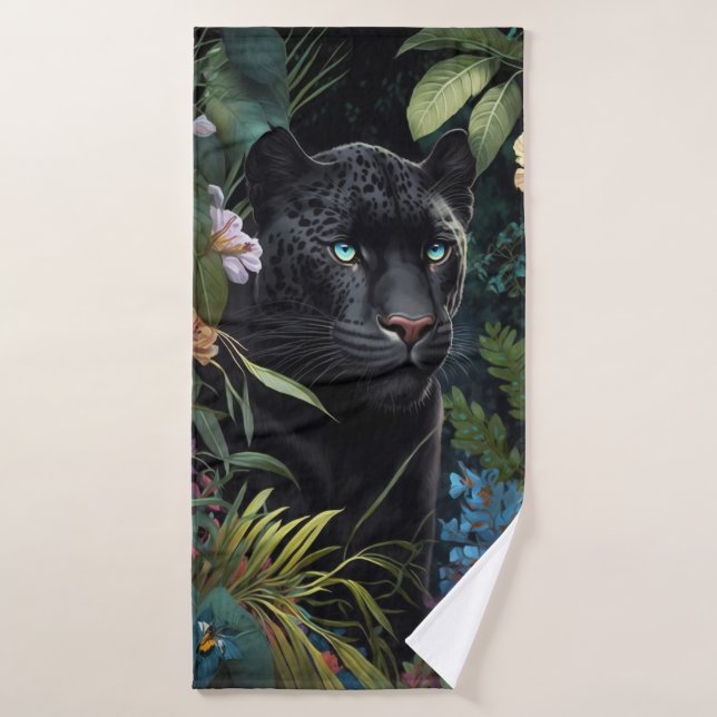 Toalla de pantera negra en la selva con flores (Serviette de bain)