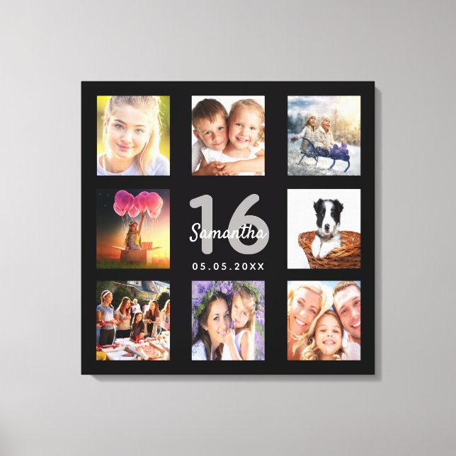 Toile 16ème anniversaire photo collage noir monogramme (Recto)