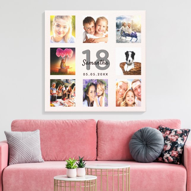 Toile 18e anniversaire rose or nom photo collage (Insitu(Salon))