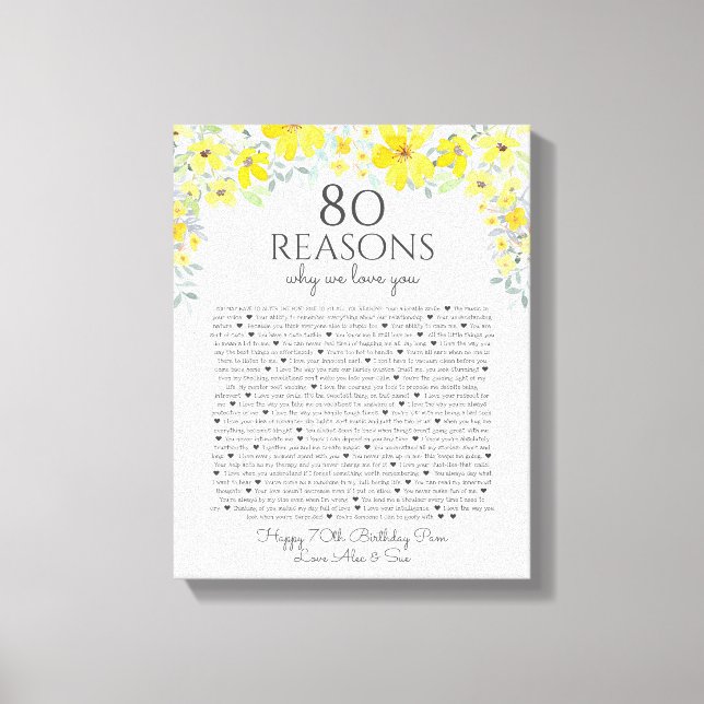 Toile 60 raisons pour lesquelles nous vous aimons jaune  (Recto)