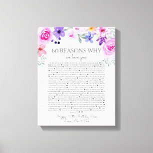 Toile 60 raisons pour lesquelles nous vous aimons rose v