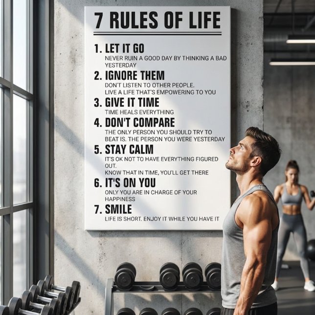 Toile 7 règles de citation motivante de vie de script mo (7 Rules of Life Motivational Quote Modern Black & White Inspirational Wall Art | Gym Motivation)
