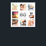 Toile 80e anniversaire photo personnalisée collage blanc<br><div class="desc">Un cadeau unique de 80e anniversaire ou de conservation, célébrant sa vie avec un collage de 8 de vos photos. Ajoutez des images de sa famille, de ses amis, de ses animaux de compagnie, de ses loisirs ou de sa destination de voyage de rêve. Personnalisez et ajoutez un nom, 80...</div>