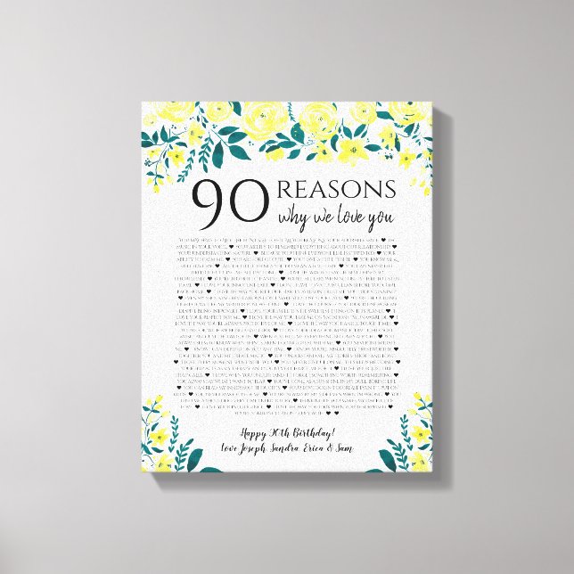 Toile 90 raisons pour lesquelles nous vous aimons cadeau (Recto)