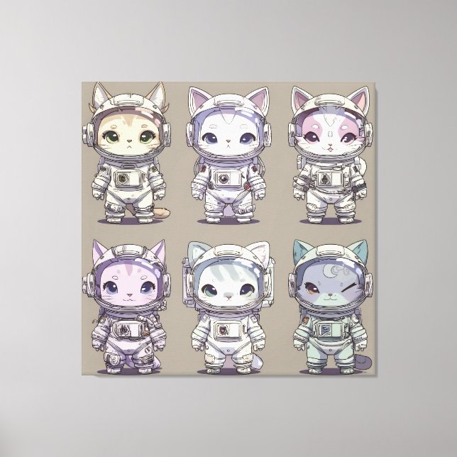Toile 9 Chatons Astronautes Chibi Équipage Spatial (Recto)