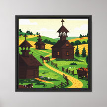 A village drawn in an illustration style