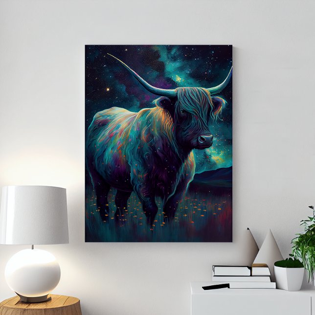 Toile Abstract Blue Highland Cow In A Pasture At Night  (Créateur téléchargé)