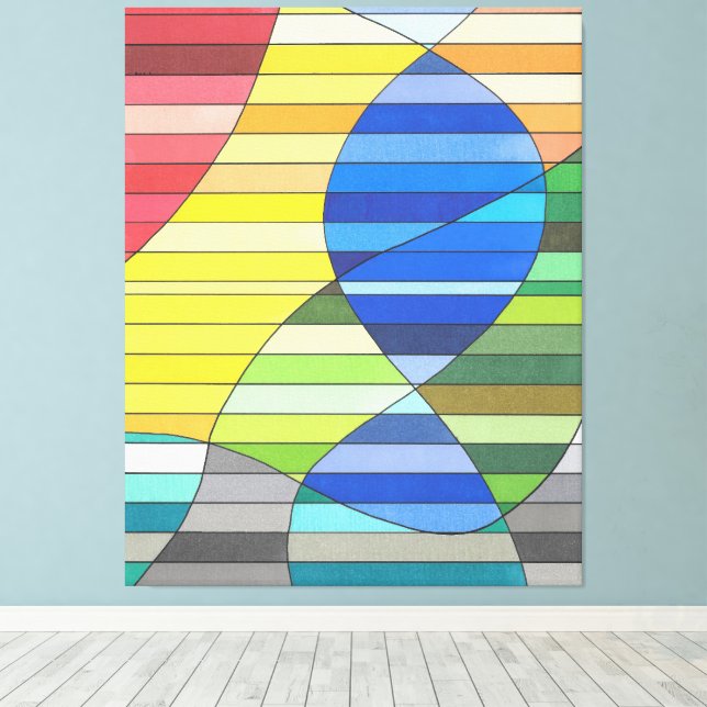 Toile Abstrait rayé avec des formes jaunes et bleues (Insitu (Plancher de Bois))