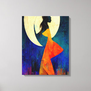Toile Abstraite Beach Girl avec Pleine lune