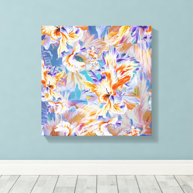 Toile abstraite florale orange et bleu vibrant (Insitu (Plancher de Bois))