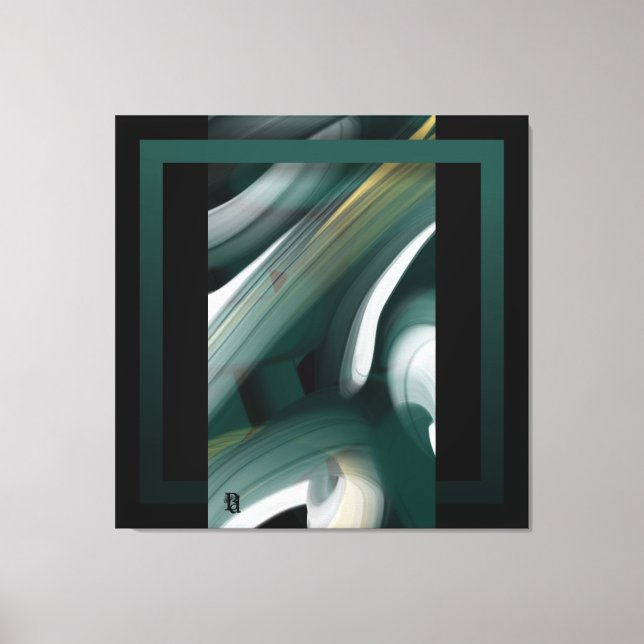 Toile abstraite tendance 40x40" Noir Blanc Vert (Recto)