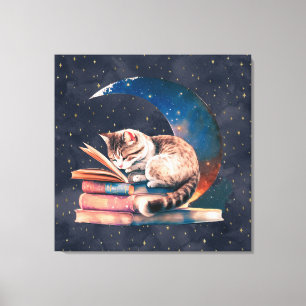 Toile Adorable Chat sur la Lune Lire un livre