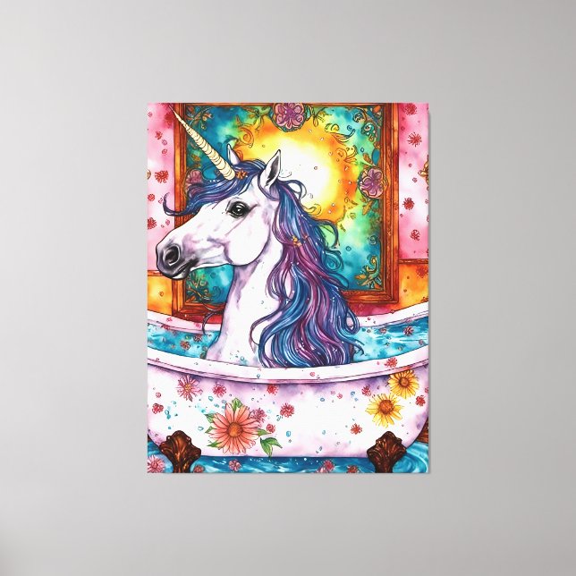 Toile Adorable Unicorn bleu et mauve mane dans le bain (Recto)