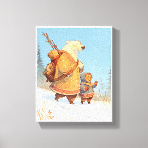 Toile Affiche de nurserie d'hiver ours polaire et enfant