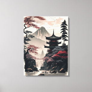 Toile Affiche de paysage de temple japonais – Montagne Z