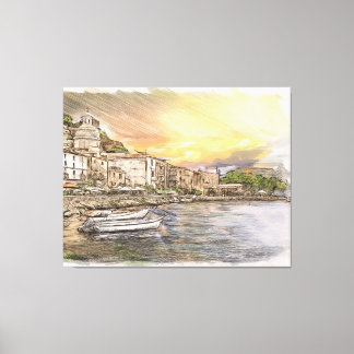Toile Amalfi coast village sketch with boats at sunset