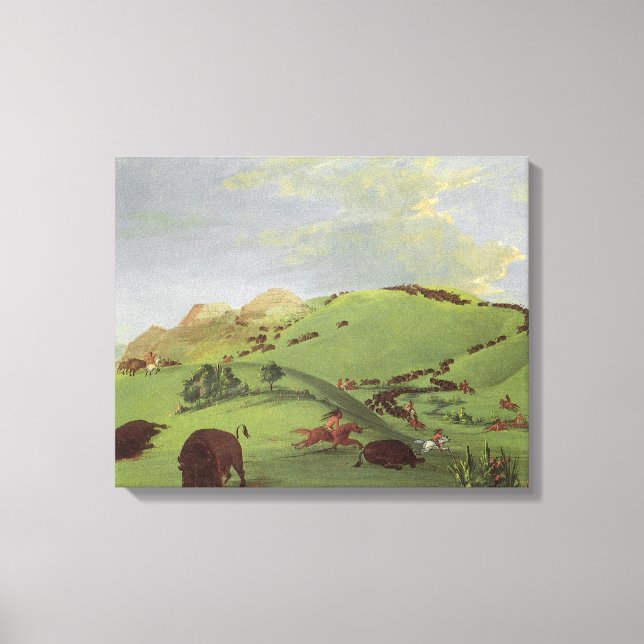 Toile Amérindiens vintages, chasse à Buffalo par Catlin (Recto)