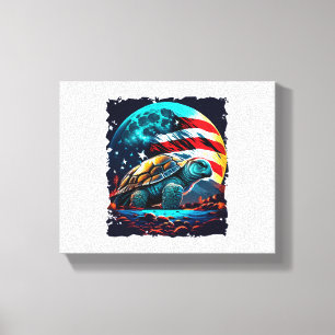 Toile Amérique tortue sous lune avec drapeau américain