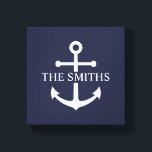 Toile Ancre bleue marine Nom de famille personnalisé<br><div class="desc">Design nautique personnalisé avec ancre blanche avec votre nom de famille personnalisé dans une police serif classique sur arrière - plan bleu marine. Un accent varié d'inspiration côtière, parfait pour améliorer le style de maison de plage, le séjour en maison de lac, la décoration en bord de mer, ou comme...</div>