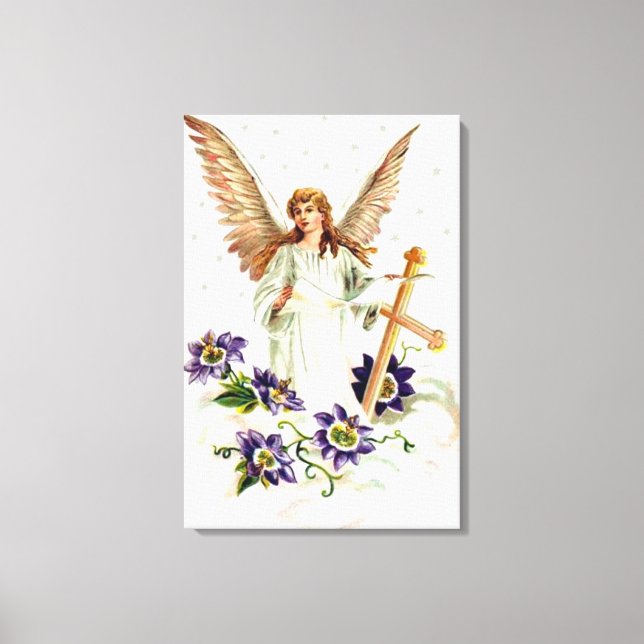 Toile Ange avec croix et fleurs de clématite  (Recto)