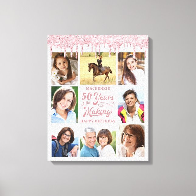 Toile Anniversaire 8 Photos Rose or rose Parties scintil (Recto)