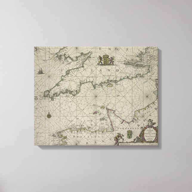 Toile Antique Map of Channel, 1666 (Recto)