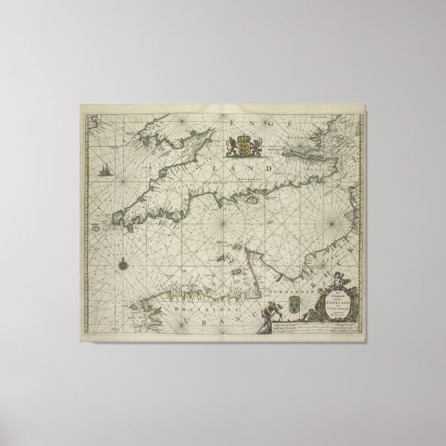 Toile Antique Map of Channel, 1666 (Recto)
