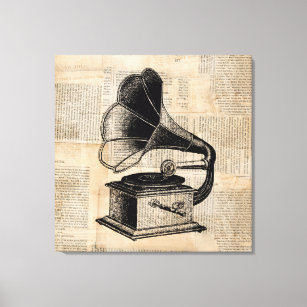 Toile Antique Phonographe Talking Machine Musique Art