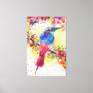 Toile Aquarelle à fleurs d'ornithologie dorée