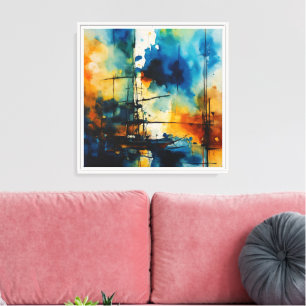 Toile Aquarelle Abstraite Blue & Orange Modern