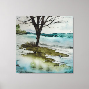 Toile Aquarelle Arbre rustique et paysage aquatique