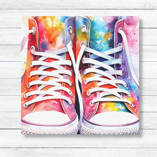 Toile Aquarelle Basket arc-en-ciel (Rainbow High Top Sneakers Watercolor Wall Art for Kids Decor)