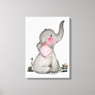 Toile Aquarelle Bébé mou Eléphant Avec Blush & fleurs