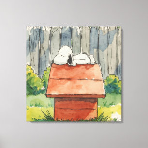 Toile Aquarelle Chien Endormi sur une niche rouge Art