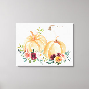 Toile Aquarelle Citrouilles d'automne et Fleurs Boho