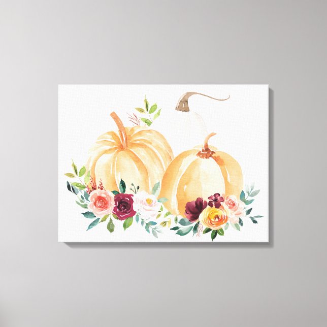 Toile Aquarelle Citrouilles d'automne et Fleurs Boho (Recto)