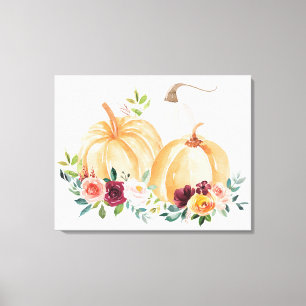 Toile Aquarelle Citrouilles d'automne et Fleurs Boho