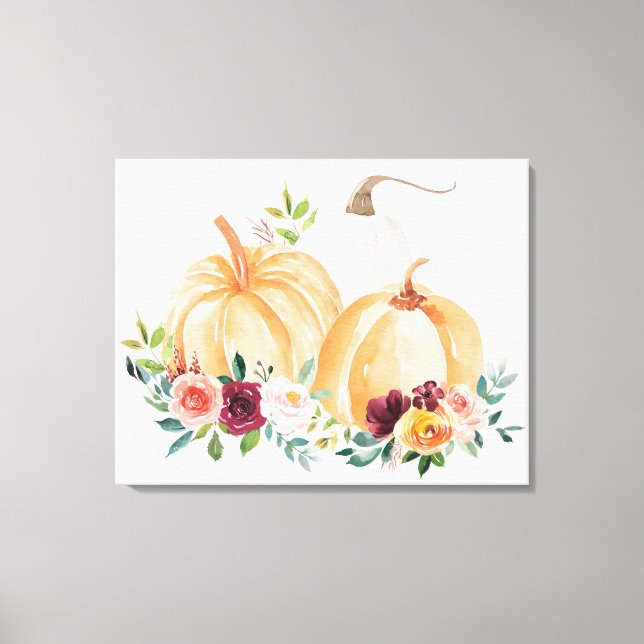 Toile Aquarelle Citrouilles d'automne et Fleurs Boho (Recto)